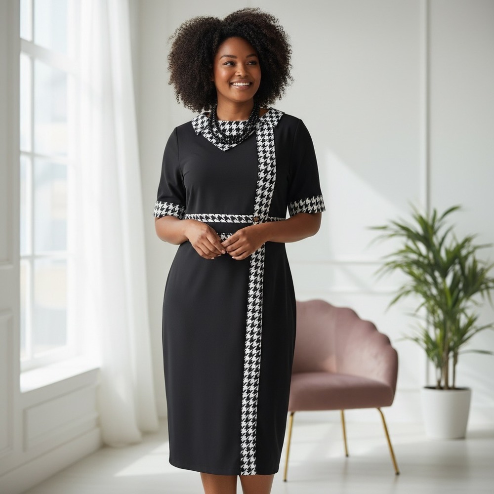 SHEIN Curve 4XL Plus Size Midi Dress Houndstooth Career Wear Vintage Necklace